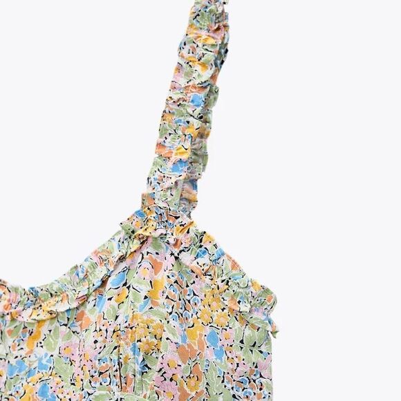 ✨Zara Ruffle Neckline Floral Smocked Back Mini Sz XL Dress✨ - Picture 6 of 11